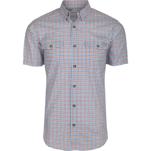 Frat Tattersall Button-Down Short Sleeve Shirt with windowpane check, two button-flap chest pockets, and vented cape back, ideal for comfort and performance.