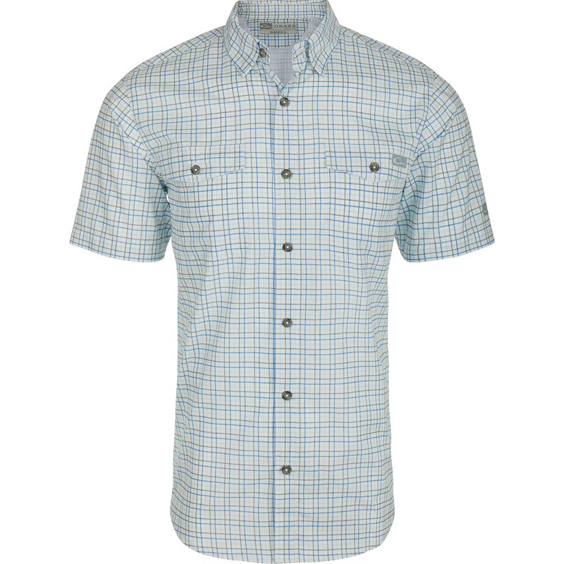 Frat Tattersall Button-Down Short Sleeve Shirt on mannequin, showcasing windowpane pattern, button flaps, and vented cape back, emphasizing lightweight, moisture-wicking performance fabric and classic fit.
