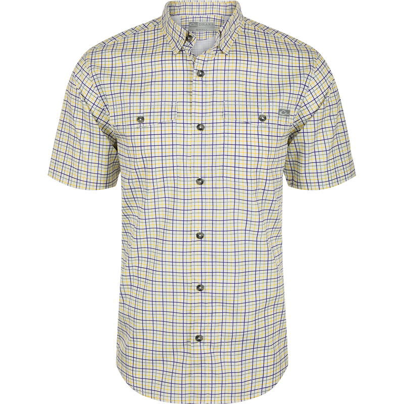 Frat Tattersall Button-Down Short Sleeve Shirt with vented cape back, button-through flap chest pockets, and sculpted hem, ideal for outdoor activities.