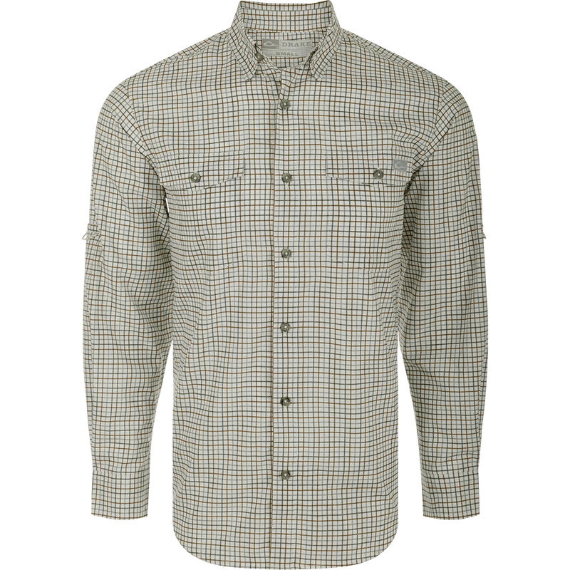 Frat Tattersall Shirt L/S: A classic fit shirt with hidden button-down collar, chest pockets, and vented cape back. Features include UPF30 sun protection, moisture-wicking, and quick-drying fabric. Sculpted hem allows for tucked or untucked wear. Lightweight and stretchy with a built-in sunglass wipe.