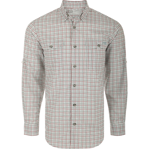 Frat Tattersall Shirt L/S: Classic fit shirt with hidden button-down collar, chest pockets, and vented cape back. Lightweight, moisture-wicking fabric with UPF30 sun protection. Sculpted hem and built-in sunglass wipe.