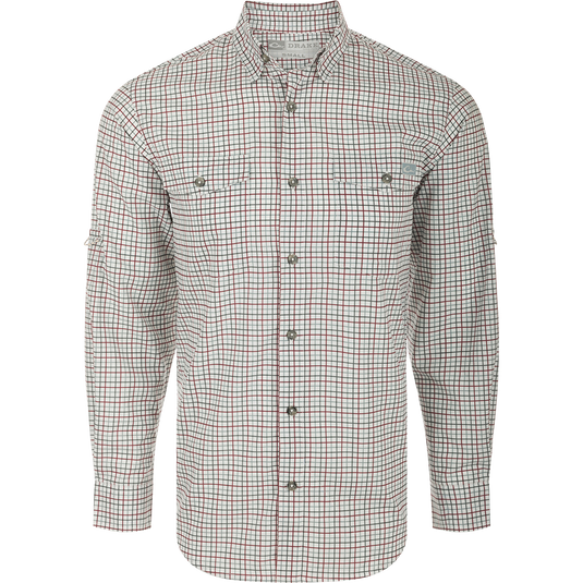 Frat Tattersall Shirt L/S: Classic fit shirt with hidden button-down collar, chest pockets, and vented cape back. Lightweight, moisture-wicking fabric with UPF30 sun protection. Sculpted hem and built-in sunglass wipe.
