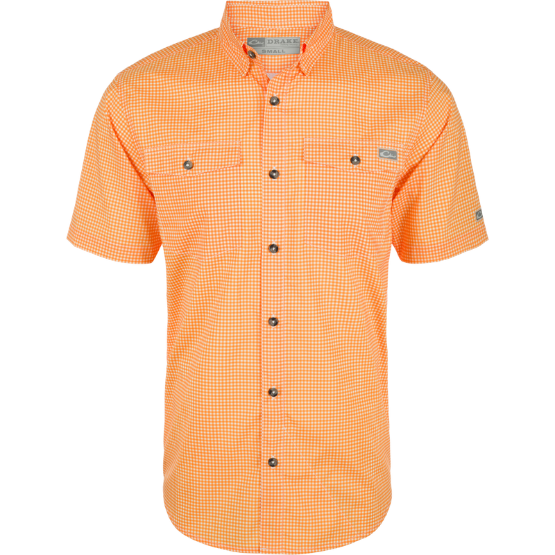 Drake Frat Gingham Check Shirt S/S with a classic fit, hidden button-down collar, chest pockets, and vented cape back, designed for comfort and sun protection.