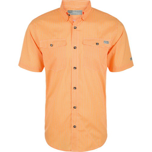 Drake Frat Gingham Check Shirt S/S with a classic fit, hidden button-down collar, chest pockets, and vented cape back, designed for comfort and sun protection.