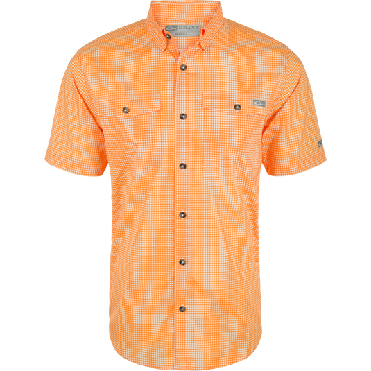 Drake Frat Gingham Check Shirt S/S with a classic fit, hidden button-down collar, chest pockets, and vented cape back, designed for comfort and sun protection.
