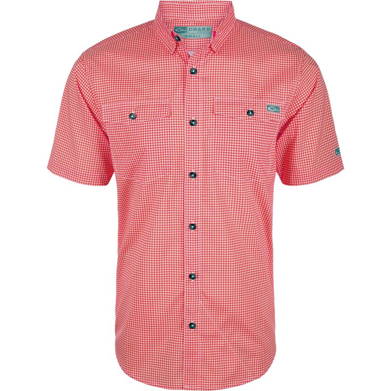 Frat Gingham Check Shirt S/S with button-down collar, two chest pockets, and vented back, designed for performance with moisture-wicking, quick-dry fabric, and UPF 30 protection.