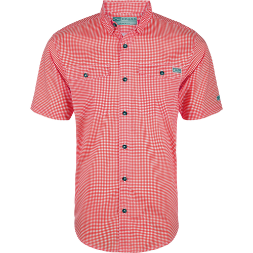 Frat Gingham Check Shirt S/S with button-down collar, two chest pockets, and vented back, designed for performance with moisture-wicking, quick-dry fabric, and UPF 30 protection.