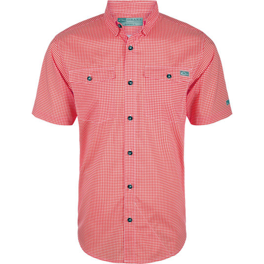 Frat Gingham Check Shirt S/S with button-down collar, two chest pockets, and vented back, designed for performance with moisture-wicking, quick-dry fabric, and UPF 30 protection.