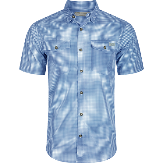 Frat Gingham Check Shirt S/S: Light-blue gingham short-sleeve shirt with button-down collar, two flap chest pockets, and vented cape back, designed for comfort and performance.