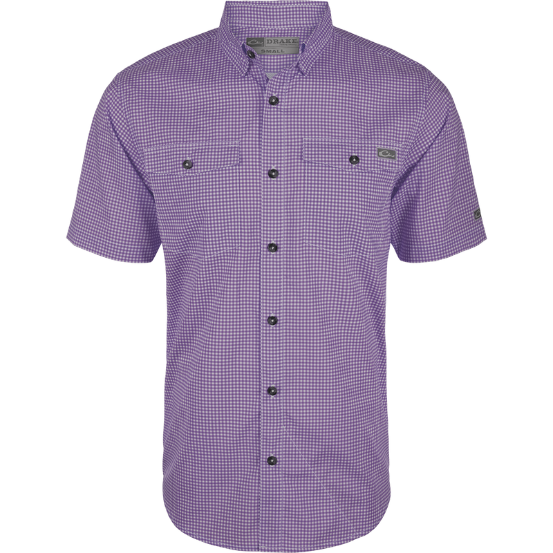 Frat Gingham Check Shirt S/S featuring a button-down collar, vented cape back, and two chest pockets; designed for comfort and performance with moisture-wicking fabric.