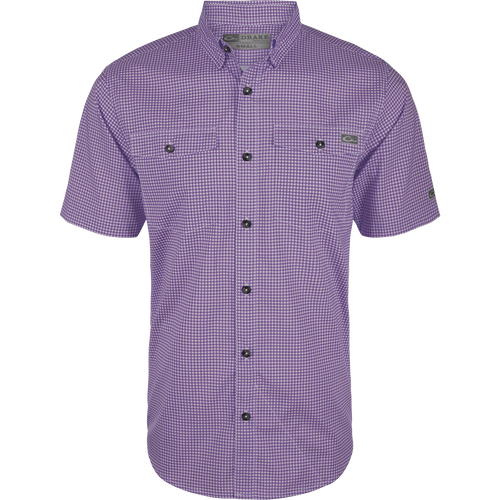 Frat Gingham Check Shirt S/S featuring a button-down collar, vented cape back, and two chest pockets; designed for comfort and performance with moisture-wicking fabric.