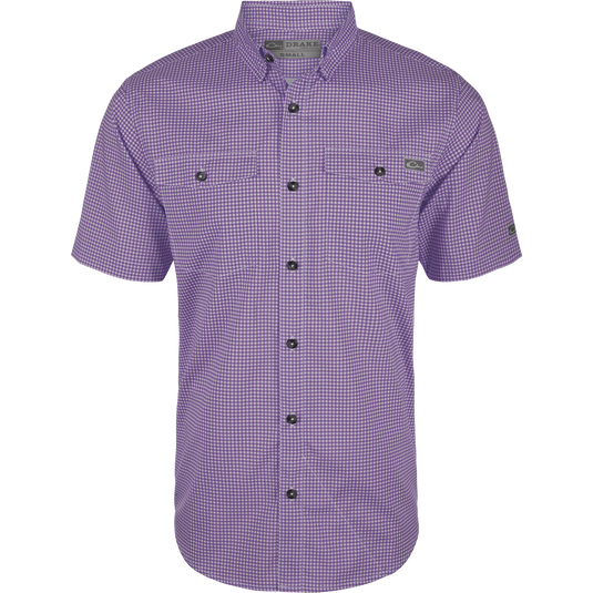 Frat Gingham Check Shirt S/S featuring a button-down collar, vented cape back, and two chest pockets; designed for comfort and performance with moisture-wicking fabric.