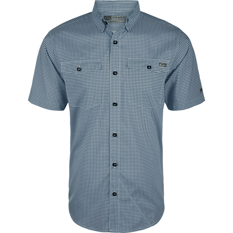 Frat Gingham Check Shirt S/S featuring a classic fit, hidden button-down collar, chest pockets, and vented cape back, ideal for active, casual outdoor wear.