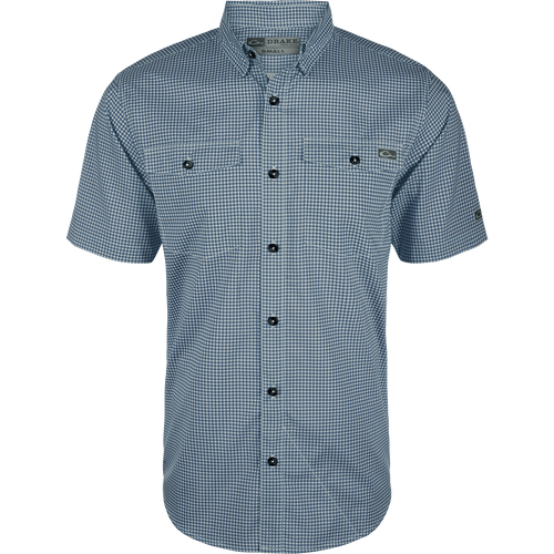 Frat Gingham Check Shirt S/S featuring a classic fit, hidden button-down collar, chest pockets, and vented cape back, ideal for active, casual outdoor wear.