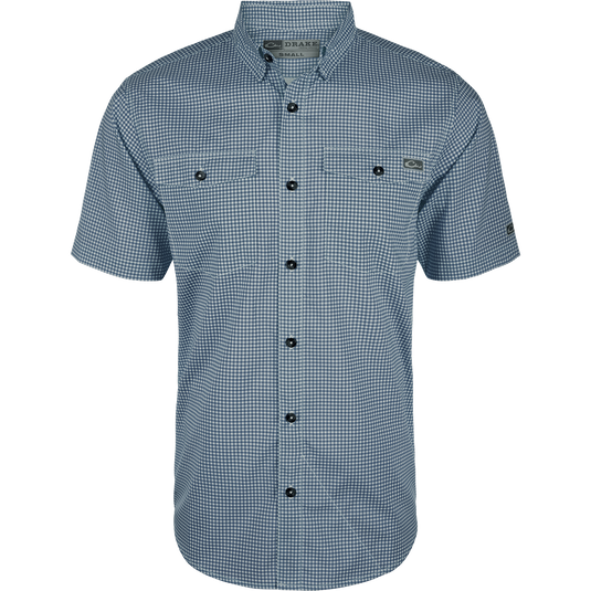 Frat Gingham Check Shirt S/S featuring a classic fit, hidden button-down collar, chest pockets, and vented cape back, ideal for active, casual outdoor wear.
