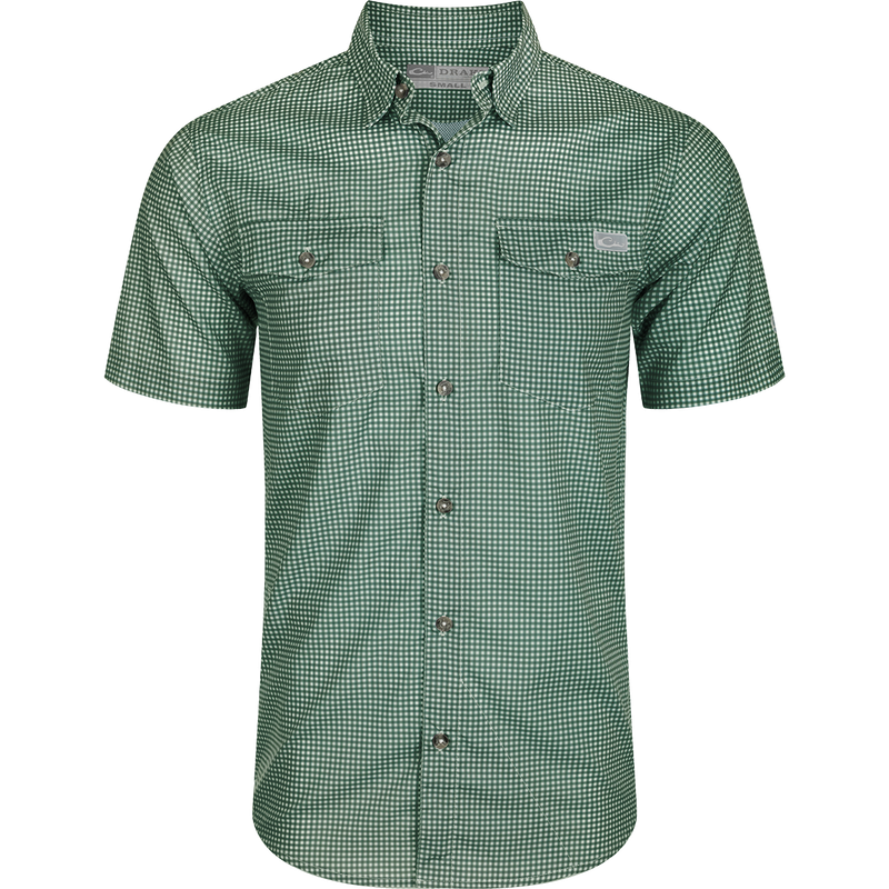 Frat Gingham Check Shirt S/S by Drake, featuring a hidden button-down collar, vented cape back, and two chest pockets, ideal for outdoor activities.
