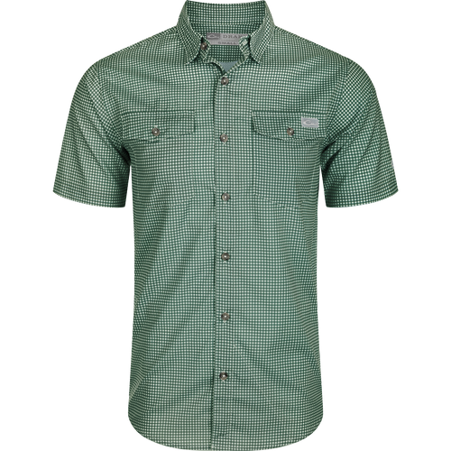 Frat Gingham Check Shirt S/S by Drake, featuring a hidden button-down collar, vented cape back, and two chest pockets, ideal for outdoor activities.