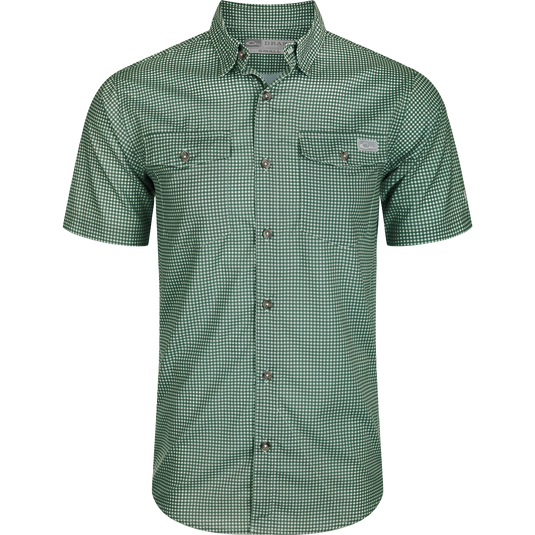 Frat Gingham Check Shirt S/S by Drake, featuring a hidden button-down collar, vented cape back, and two chest pockets, ideal for outdoor activities.