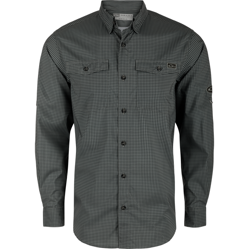 Frat Gingham Check Button-Down Long Sleeve Shirt with vented cape back, two chest pockets, and adjustable sleeves, tailored for performance and comfort.