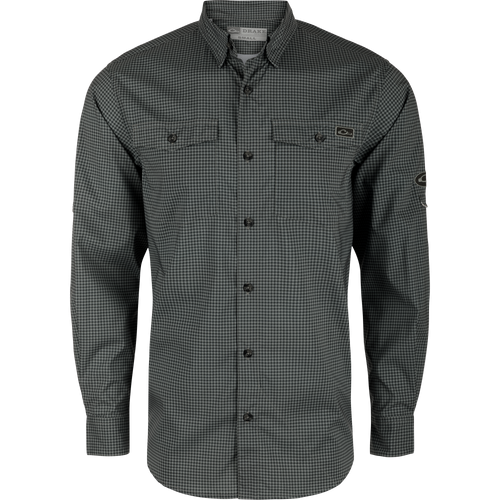 Frat Gingham Check Button-Down Long Sleeve Shirt with vented cape back, two chest pockets, and adjustable sleeves, tailored for performance and comfort.