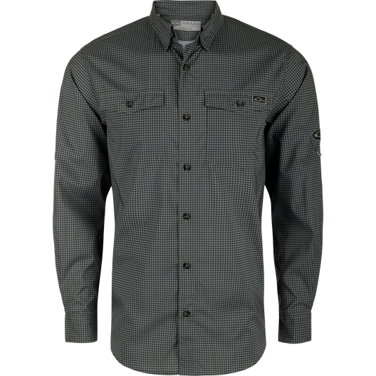 Frat Gingham Check Button-Down Long Sleeve Shirt with vented cape back, two chest pockets, and adjustable sleeves, tailored for performance and comfort.