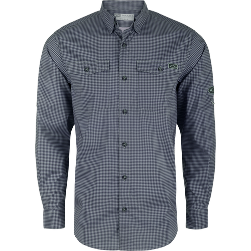 Frat Gingham Check Button-Down Long Sleeve Shirt with button-down collar, chest pockets, and adjustable sleeves, designed for comfort and functionality in outdoor activities.