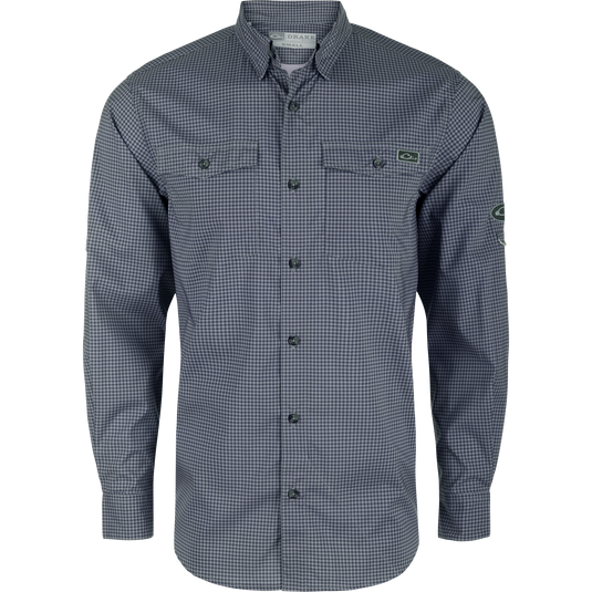 Frat Gingham Check Button-Down Long Sleeve Shirt with button-down collar, chest pockets, and adjustable sleeves, designed for comfort and functionality in outdoor activities.