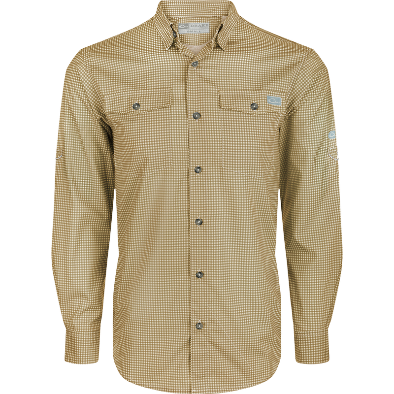 Frat Gingham Check Shirt L/S - A classic fit shirt with hidden button-down collar, vented cape back, and two chest pockets. Features include UPF30 sun protection, moisture-wicking fabric, and adjustable roll-up sleeves. Lightweight and stretchy, perfect for outdoor activities.