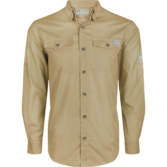 Frat Gingham Check Shirt L/S - A classic fit shirt with hidden button-down collar, vented cape back, and two chest pockets. Features include UPF30 sun protection, moisture-wicking fabric, and adjustable roll-up sleeves. Lightweight and stretchy, perfect for outdoor activities.