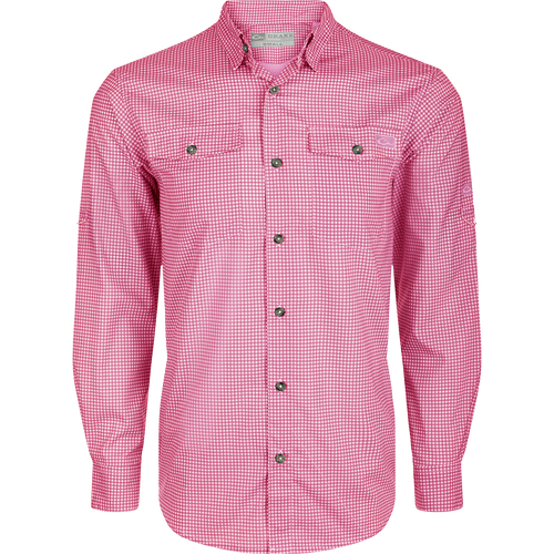 Red and white checkered Frat Gingham Check Shirt L/S with a hidden button-down collar, two chest pockets, and adjustable roll-up sleeves with tab holder.