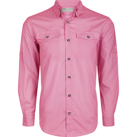 Red and white checkered Frat Gingham Check Shirt L/S with a hidden button-down collar, two chest pockets, and adjustable roll-up sleeves with tab holder.