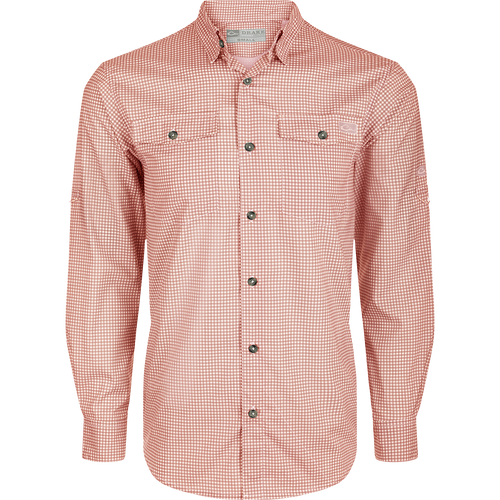 Frat Gingham Check Shirt L/S: Lightweight, moisture-wicking shirt with UPF30 sun protection. Classic fit, hidden button-down collar, and two chest pockets. Adjustable roll-up sleeves and built-in sunglass wipe. Vented cape back for ease of movement.