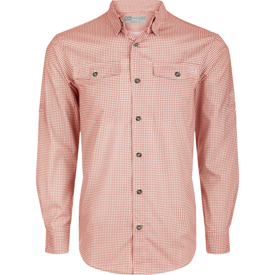 Frat Gingham Check Shirt L/S: Lightweight, moisture-wicking shirt with UPF30 sun protection. Classic fit, hidden button-down collar, and two chest pockets. Adjustable roll-up sleeves and built-in sunglass wipe. Vented cape back for ease of movement.
