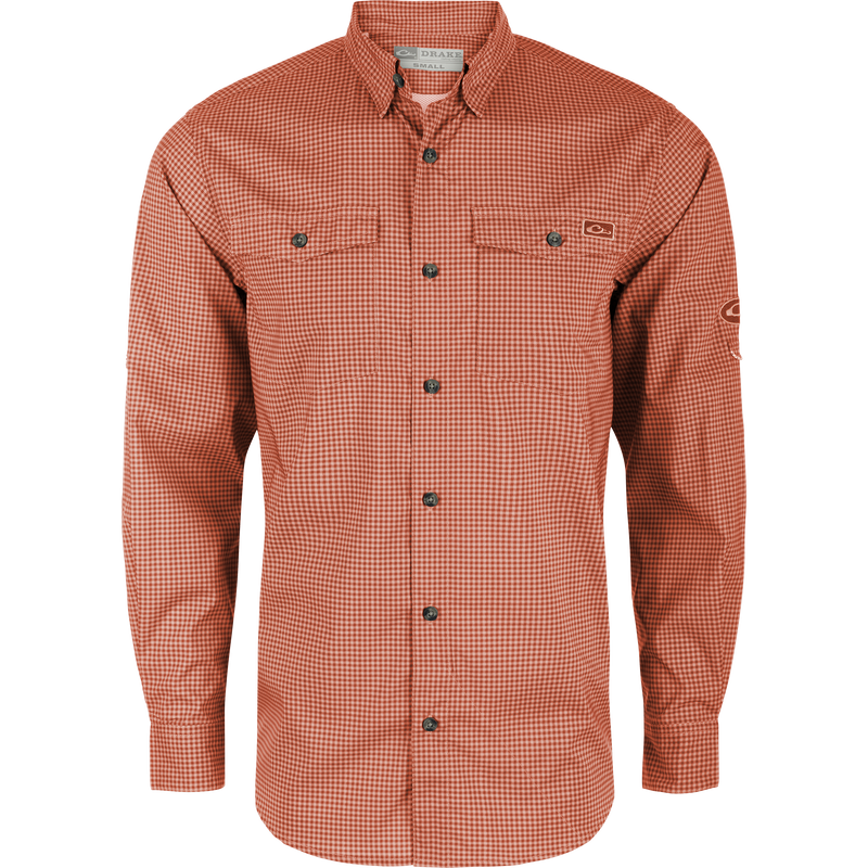 Frat Gingham Check Button-Down Long Sleeve Shirt with vented cape back, button-through chest pockets, sculpted hem, and roll-up sleeve tabs, designed for comfort and performance.