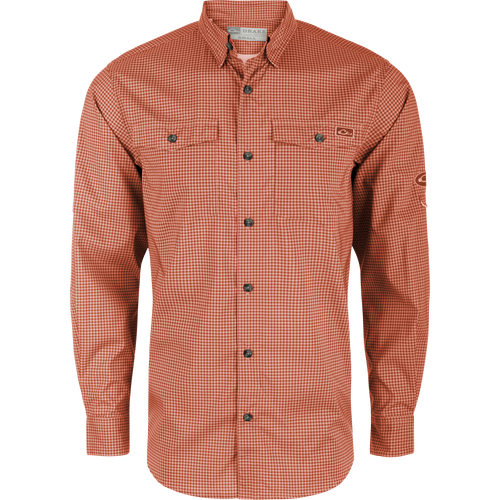 Frat Gingham Check Button-Down Long Sleeve Shirt with vented cape back, button-through chest pockets, sculpted hem, and roll-up sleeve tabs, designed for comfort and performance.