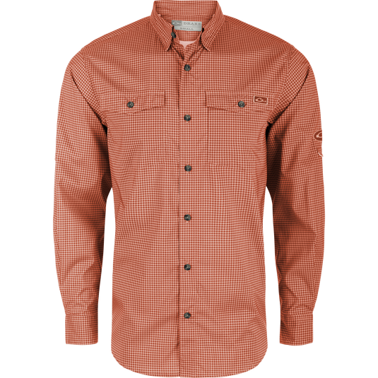 Frat Gingham Check Button-Down Long Sleeve Shirt with vented cape back, button-through chest pockets, sculpted hem, and roll-up sleeve tabs, designed for comfort and performance.