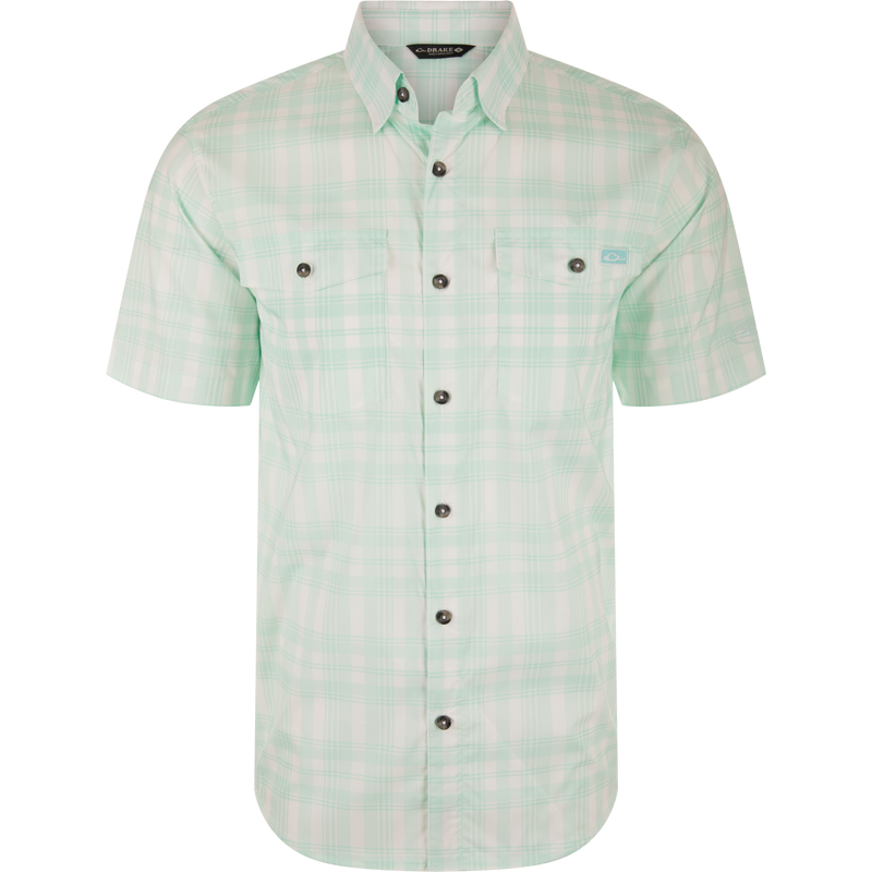 Frat Faded Plaid Button-Down Short Sleeve Shirt with hidden button collar and chest pockets, designed for comfort and mobility with built-in stretch and quick-drying fabric.