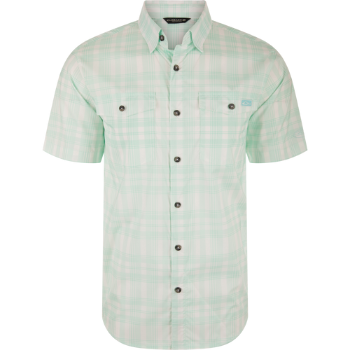 Frat Faded Plaid Button-Down Short Sleeve Shirt with hidden button collar and chest pockets, designed for comfort and mobility with built-in stretch and quick-drying fabric.