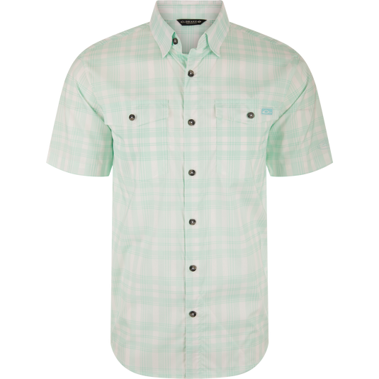 Frat Faded Plaid Button-Down Short Sleeve Shirt with hidden button collar and chest pockets, designed for comfort and mobility with built-in stretch and quick-drying fabric.