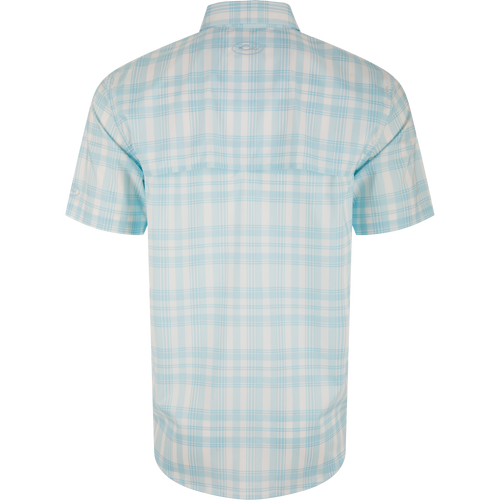Frat Faded Plaid Button-Down Short Sleeve Shirt with vented cape back, two chest pockets, and sculpted hem, ideal for active, outdoor wear. Features built-in stretch and sun protection.