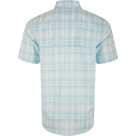 Frat Faded Plaid Button-Down Short Sleeve Shirt with vented cape back, two chest pockets, and sculpted hem, ideal for active, outdoor wear. Features built-in stretch and sun protection.
