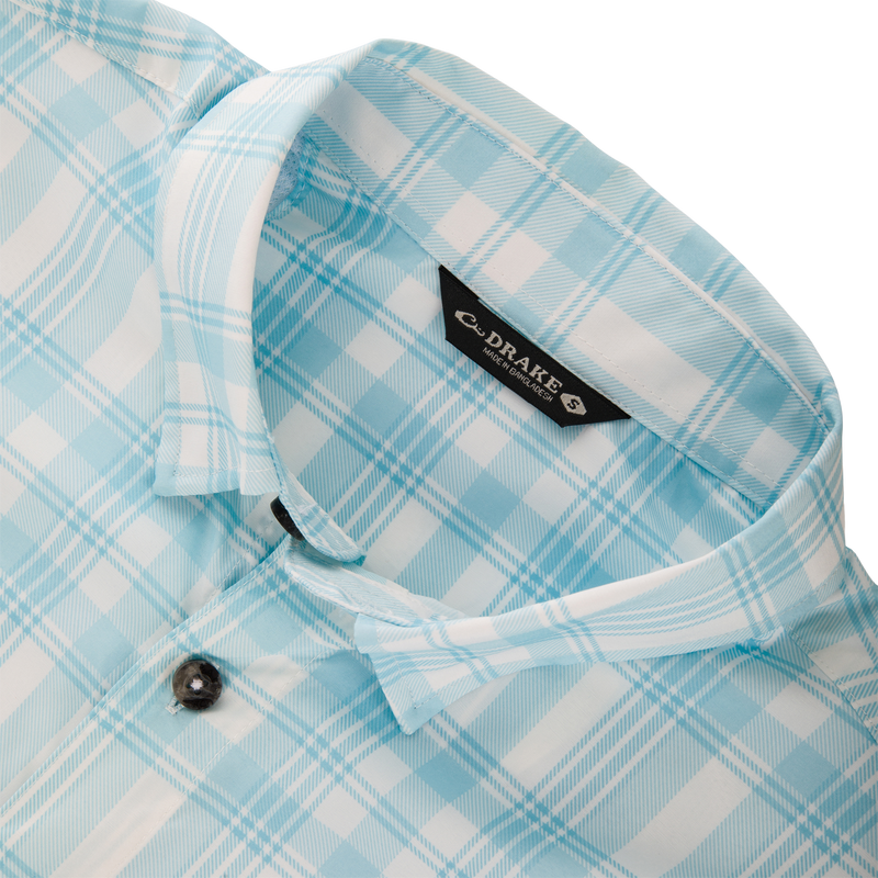 Frat Faded Plaid Button-Down Short Sleeve Shirt with vented cape back and two chest pockets, ideal for active wear with built-in stretch and sun protection.