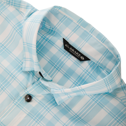 Frat Faded Plaid Button-Down Short Sleeve Shirt with vented cape back and two chest pockets, ideal for active wear with built-in stretch and sun protection.