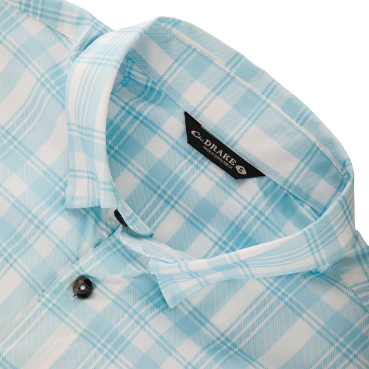 Frat Faded Plaid Button-Down Short Sleeve Shirt with vented cape back and two chest pockets, ideal for active wear with built-in stretch and sun protection.