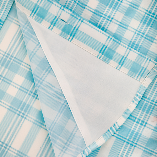 Frat Faded Plaid Button-Down Short Sleeve Shirt with UPF 30, moisture-wicking fabric, vented cape back, and chest pockets, ideal for active outdoor pursuits.