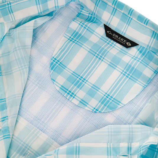 Frat Faded Plaid Button-Down Short Sleeve Shirt with vented cape back, button-through flap chest pockets, and sculpted hem, ideal for active outdoor pursuits.