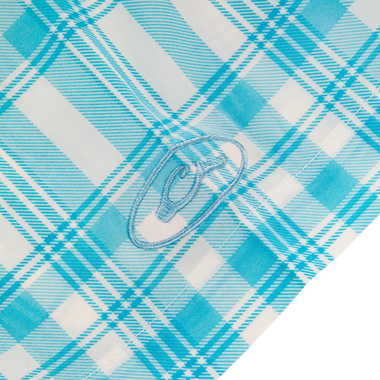 Frat Faded Plaid Button-Down Short Sleeve Shirt with logo, showcasing lightweight, moisture-wicking fabric and functional features like UPF 30 protection and vented cape back.