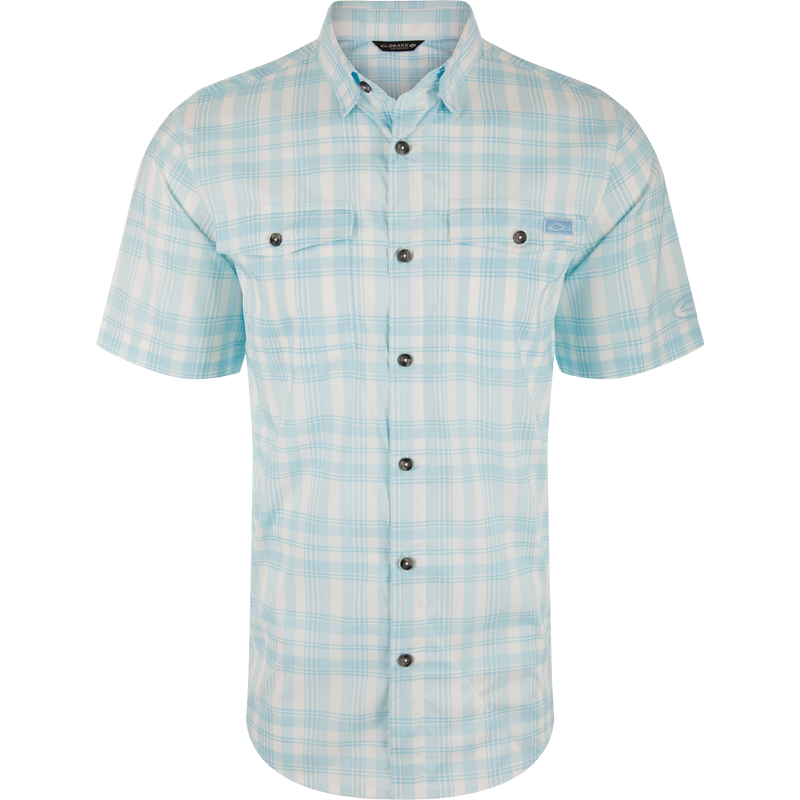 Frat Faded Plaid Button-Down Short Sleeve Shirt with hidden button collar, vented cape back, and two chest pockets, ideal for active outdoor adventures.