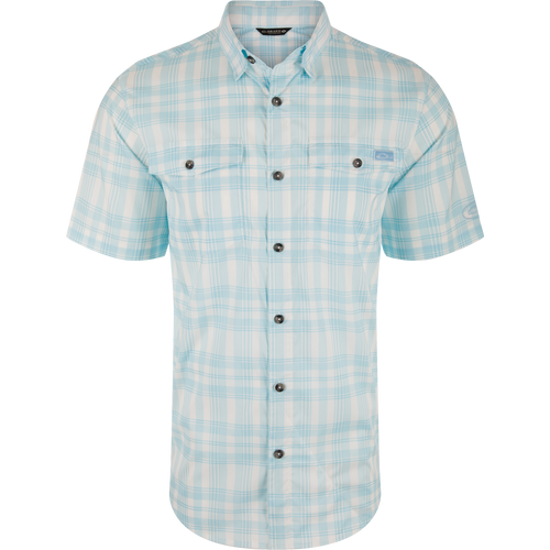 Frat Faded Plaid Button-Down Short Sleeve Shirt with hidden button collar, vented cape back, and two chest pockets, ideal for active outdoor adventures.