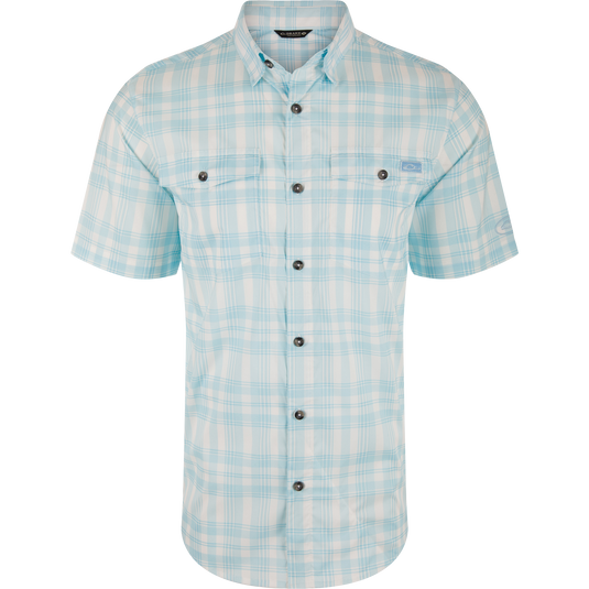 Frat Faded Plaid Button-Down Short Sleeve Shirt with hidden button collar, vented cape back, and two chest pockets, ideal for active outdoor adventures.